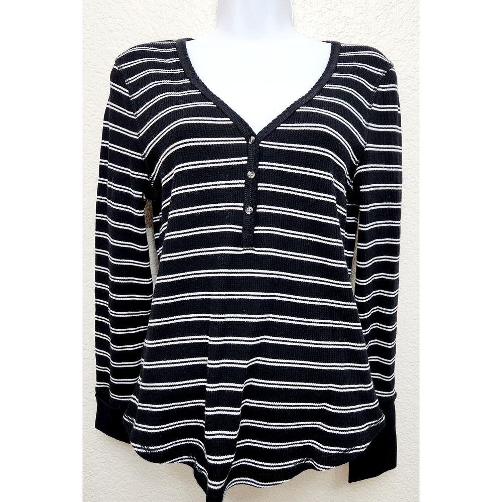 Dip Black White Striped Henley Thermal Long Sleeve Top Large Lightweight Stretch